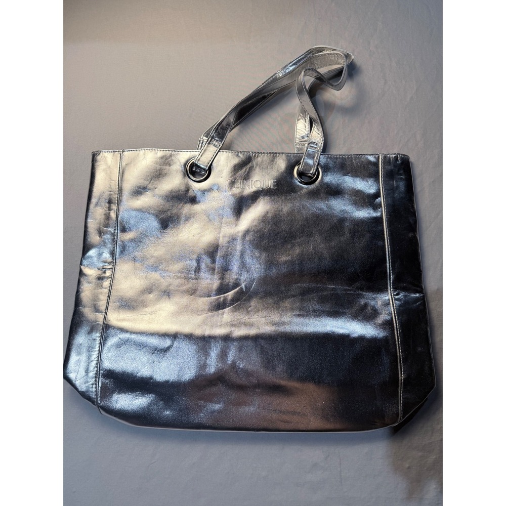 Clinique Metallic Silver Patent‎ Faux Leather Tote Bag